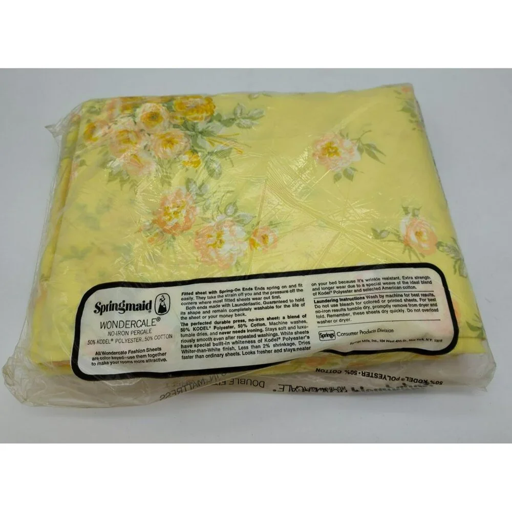 Vintage Springmaid Double Fitted Sheet, Yellow w Pink Regal Rose, Percale, USA